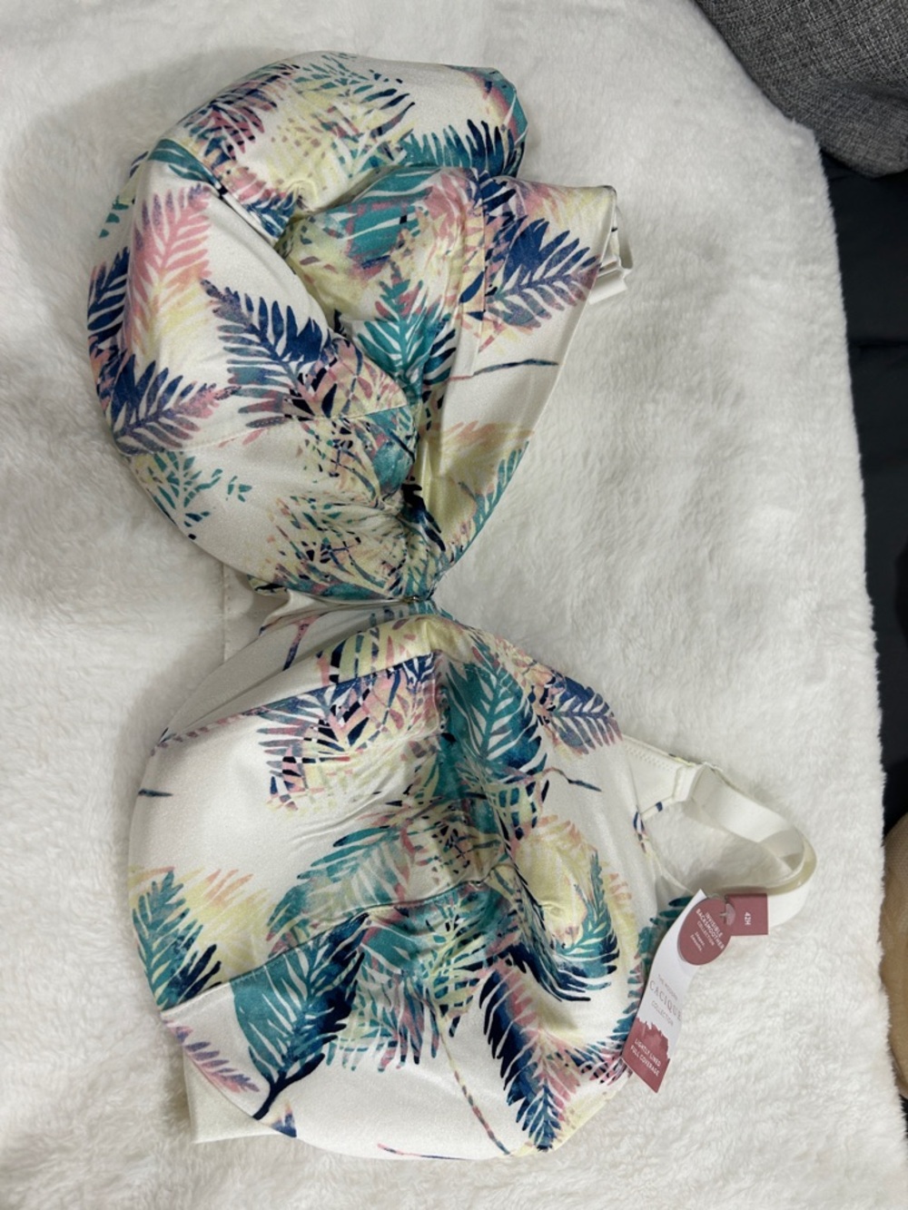 Cacique White bra with Teal, Navy & Blush Leaf Print